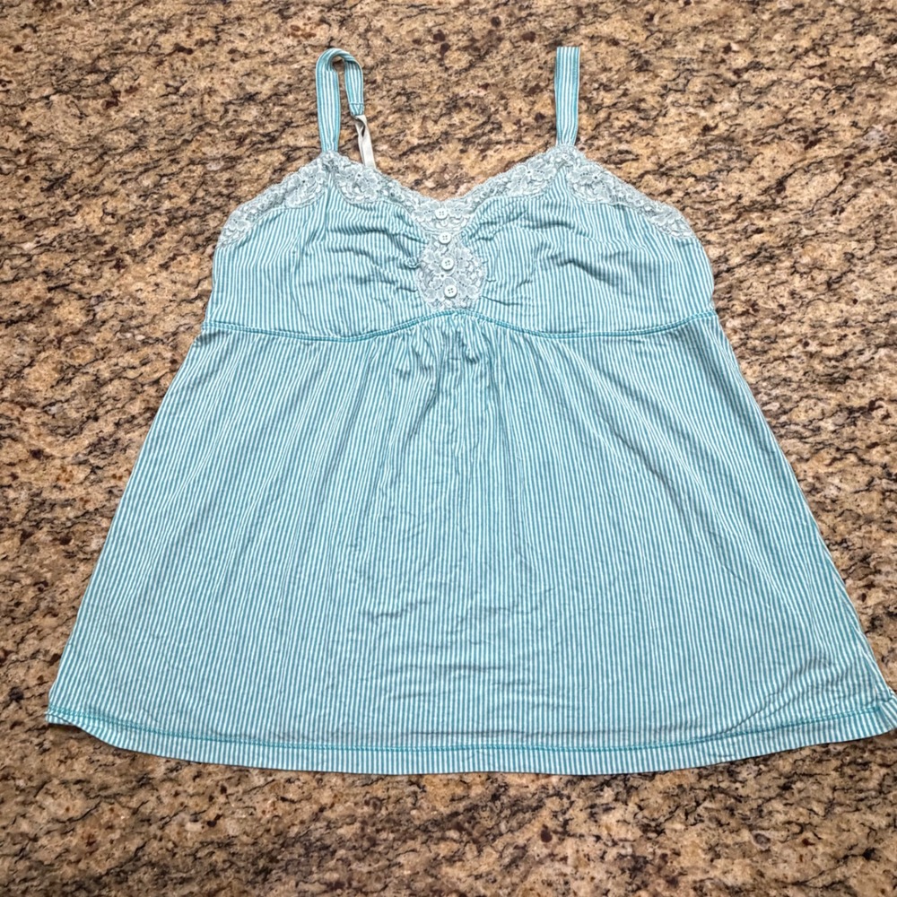 Womens Teal White Striped Lace Trim Cami Tank Top Empire Waist Sleeveless L‎